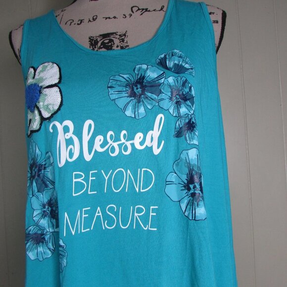Est 1946 Sleeveless Blouse L Blessed Beyond Measure Floral Green Teal - Picture 6 of 14